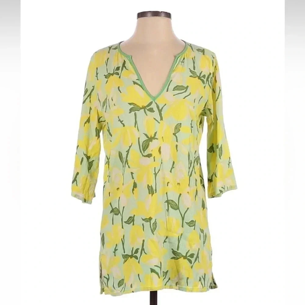 J. Crew Cotton Tunic Top Beach Coverup Swim Yellow Green Floral Size S Small - Picture 5 of 5